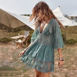 Dolly Boho Crochet Cotton Floral Inlay Lace Mini Dress Beach CoverUp